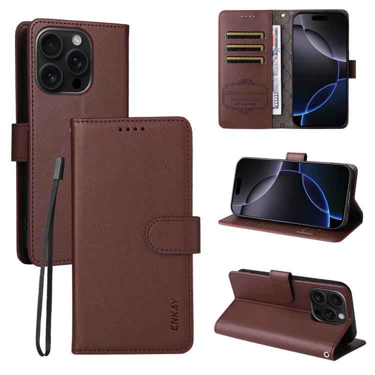 For iPhone 16 Pro ENKAY RFID Blocking Wallet Kickstand Litchi Texture Leather Phone Case(Brown)
