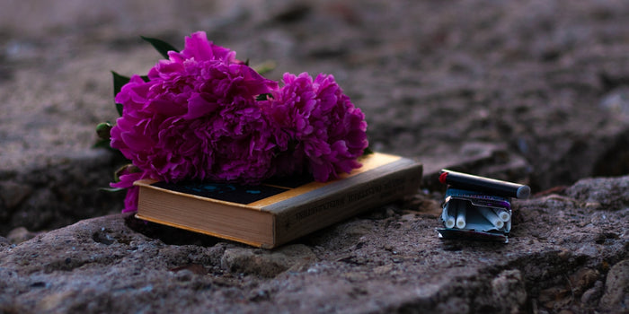 purple cluster flower on top of book