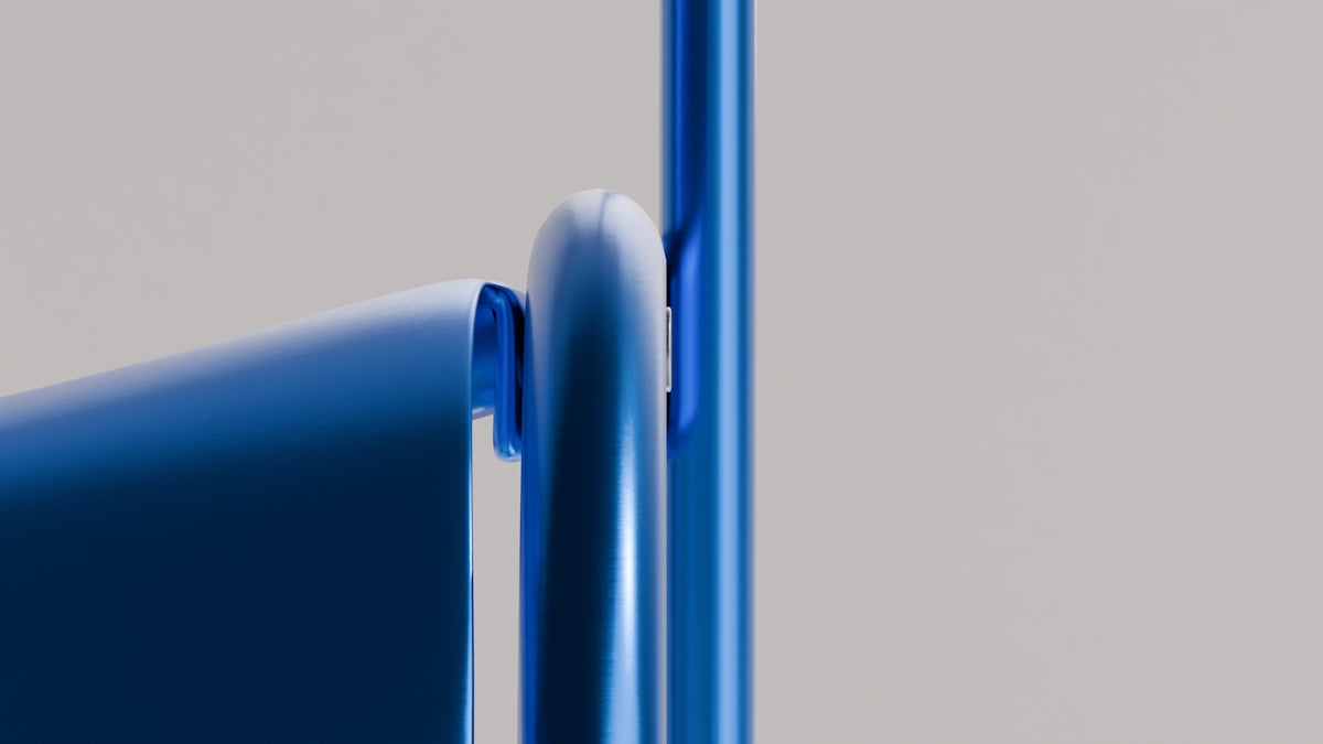 Blue, curved shapes against a white backdrop.