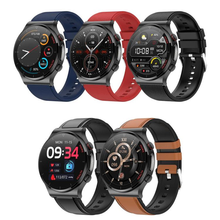 E300 1.32 Inch Screen Leather Watch Strap Smart Health Watch Supports Body Temperature Monitoring, ECG monitoring blood pressure
