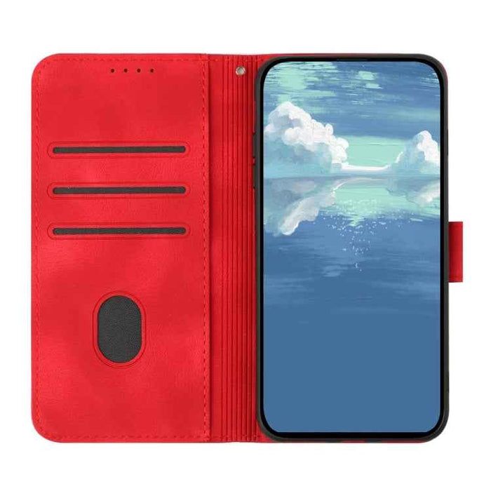 For iPhone 16 Plus Line Pattern Skin Feel Leather Phone Case(Red)