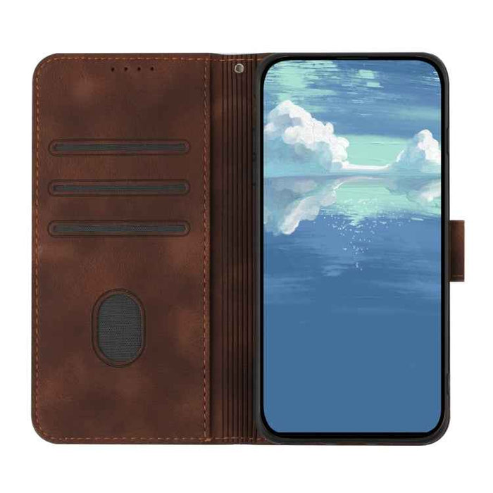 For iPhone 16 Plus Line Pattern Skin Feel Leather Phone Case(Coffee)