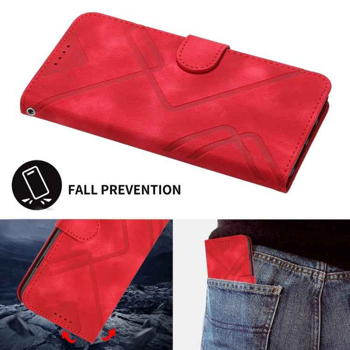 For iPhone 16 Line Pattern Skin Feel Leather Phone Case(Red)
