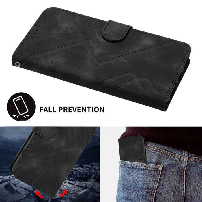 For iPhone 16 Line Pattern Skin Feel Leather Phone Case(Black)