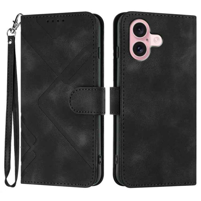 For iPhone 16 Line Pattern Skin Feel Leather Phone Case(Black)