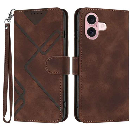 For iPhone 16 Line Pattern Skin Feel Leather Phone Case(Coffee)