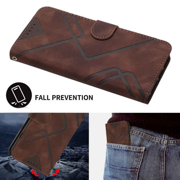 For iPhone 16 Line Pattern Skin Feel Leather Phone Case(Coffee)