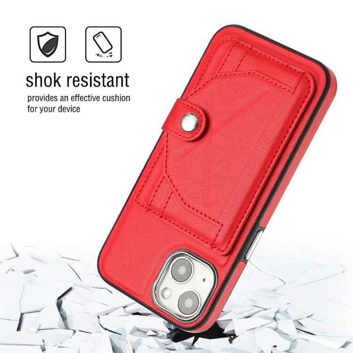 For iPhone 15 Shockproof Leather Phone Case with Card Holder(Red)