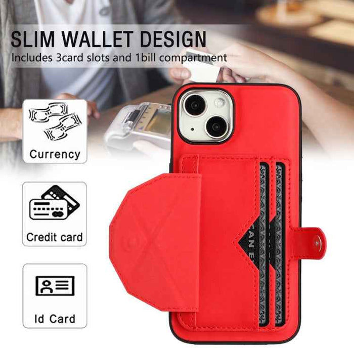For iPhone 15 Shockproof Leather Phone Case with Card Holder(Red)