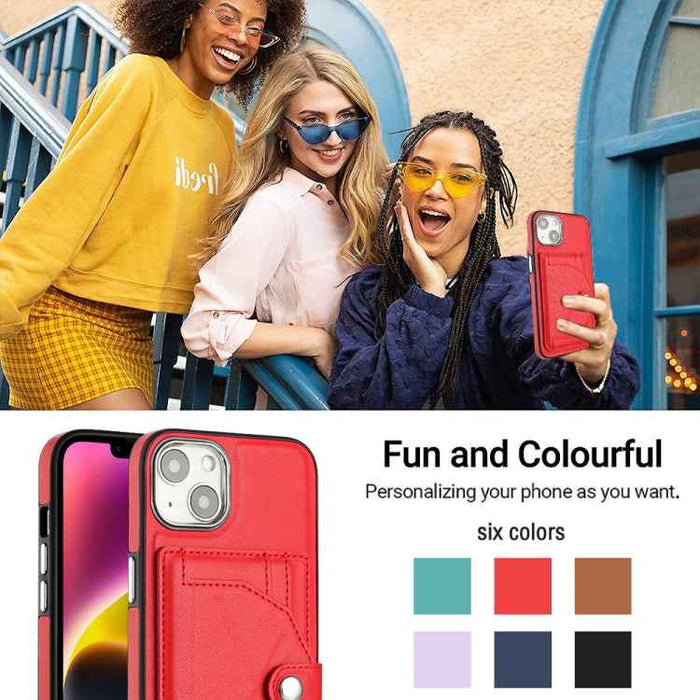 For iPhone 15 Shockproof Leather Phone Case with Card Holder(Red)