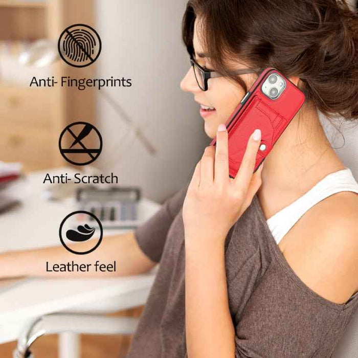 For iPhone 15 Shockproof Leather Phone Case with Card Holder(Red)