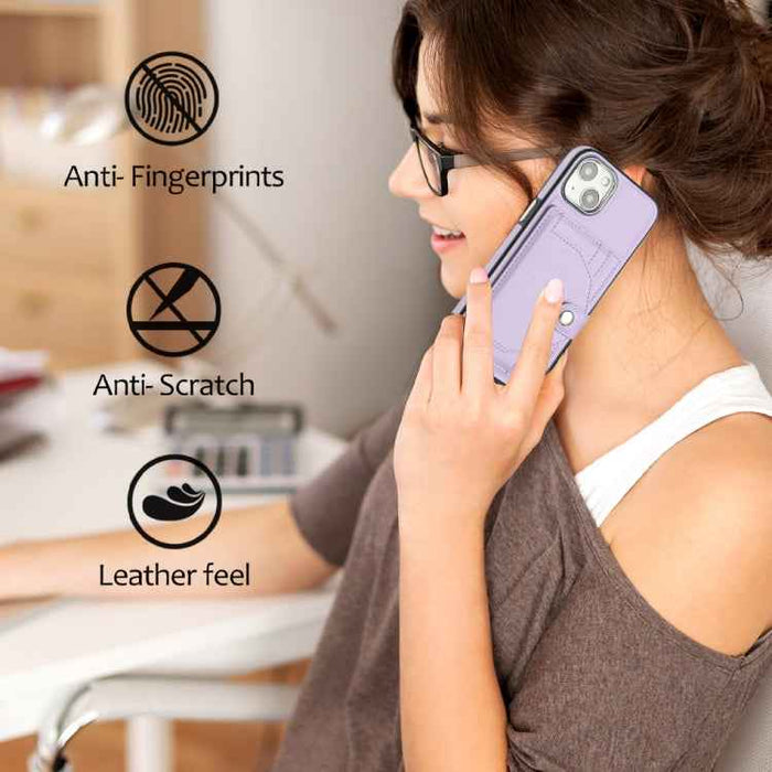 For iPhone 15 Shockproof Leather Phone Case with Card Holder(Purple)