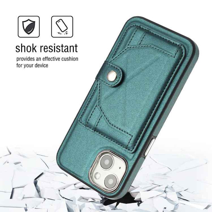 For iPhone 15 Shockproof Leather Phone Case with Card Holder(Green)