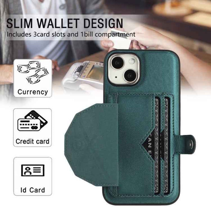 For iPhone 15 Shockproof Leather Phone Case with Card Holder(Green)