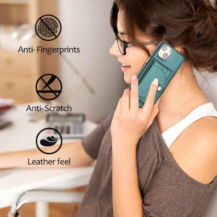 For iPhone 15 Shockproof Leather Phone Case with Card Holder(Green)