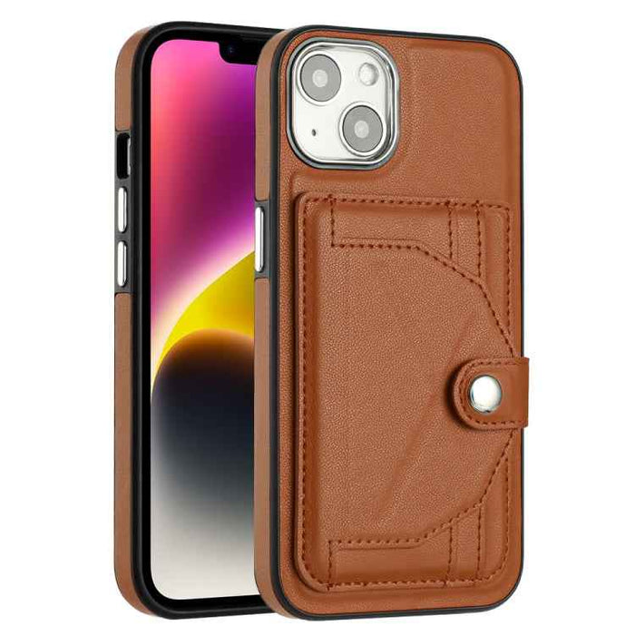 For iPhone 15 Shockproof Leather Phone Case with Card Holder(Brown)