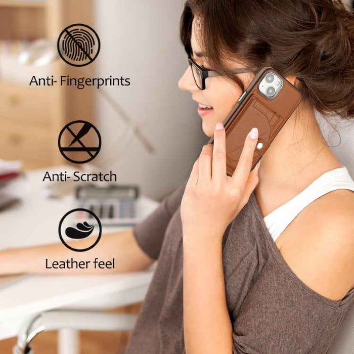 For iPhone 15 Shockproof Leather Phone Case with Card Holder(Brown)