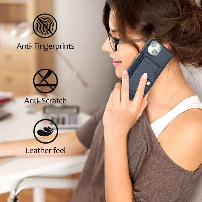 For iPhone 15 Shockproof Leather Phone Case with Card Holder(Blue)
