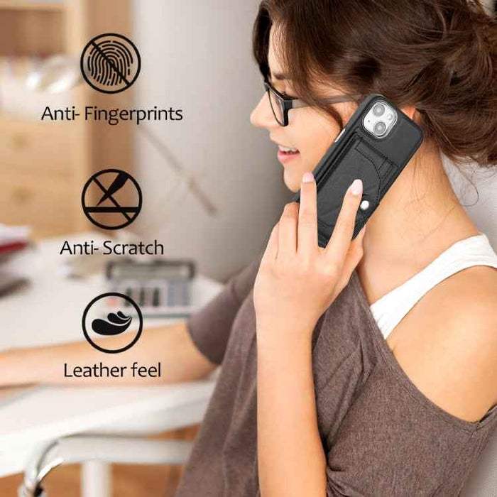 For iPhone 15 Shockproof Leather Phone Case with Card Holder(Black)