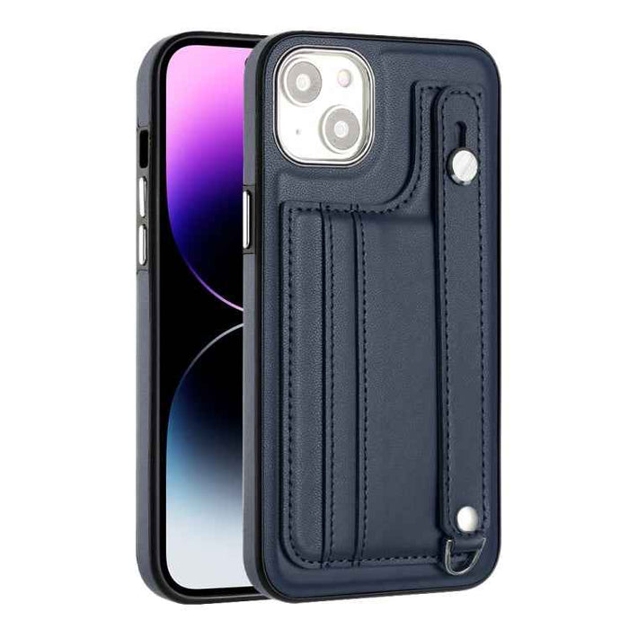 For iPhone 15 Shockproof Leather Phone Case with Wrist Strap(Blue)