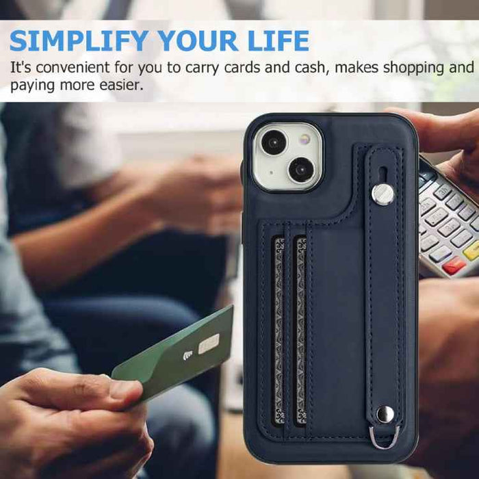 For iPhone 15 Shockproof Leather Phone Case with Wrist Strap(Blue)