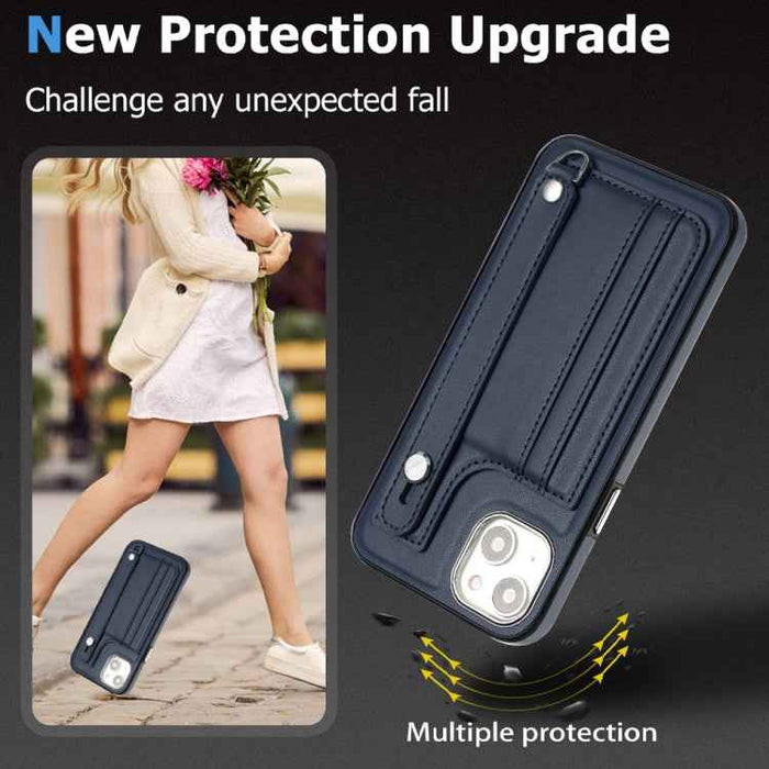 For iPhone 15 Shockproof Leather Phone Case with Wrist Strap(Blue)