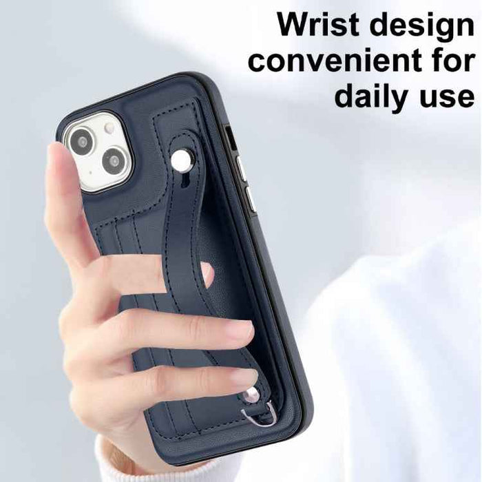 For iPhone 15 Shockproof Leather Phone Case with Wrist Strap(Blue)