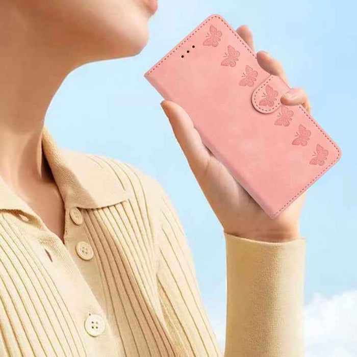 For iPhone 16 Seven Butterflies Embossed Leather Phone Case(Pink)