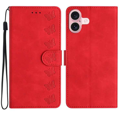 For iPhone 16 Seven Butterflies Embossed Leather Phone Case(Red)