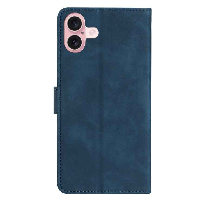 For iPhone 16 Seven Butterflies Embossed Leather Phone Case(Blue)