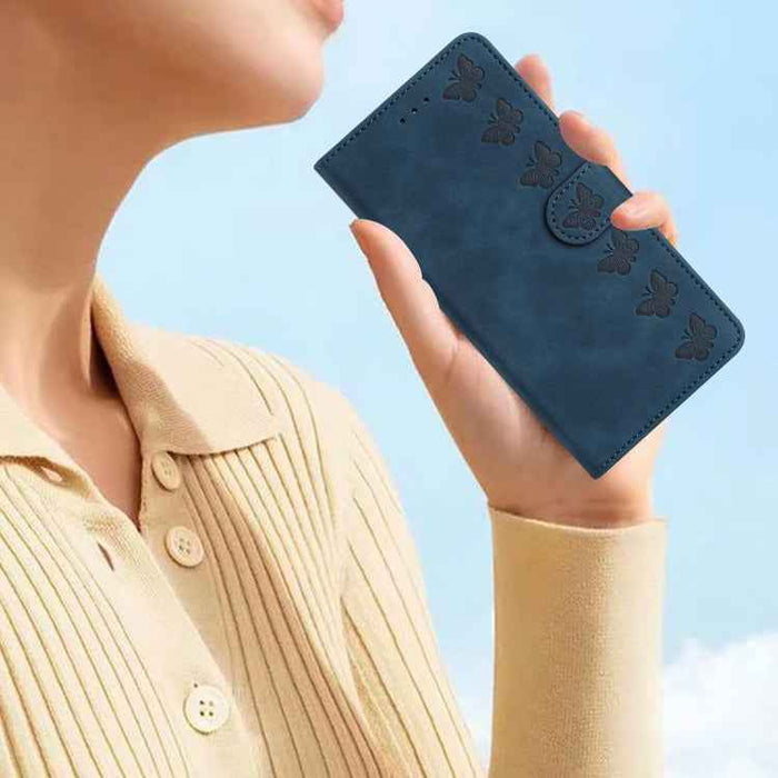 For iPhone 16 Seven Butterflies Embossed Leather Phone Case(Blue)