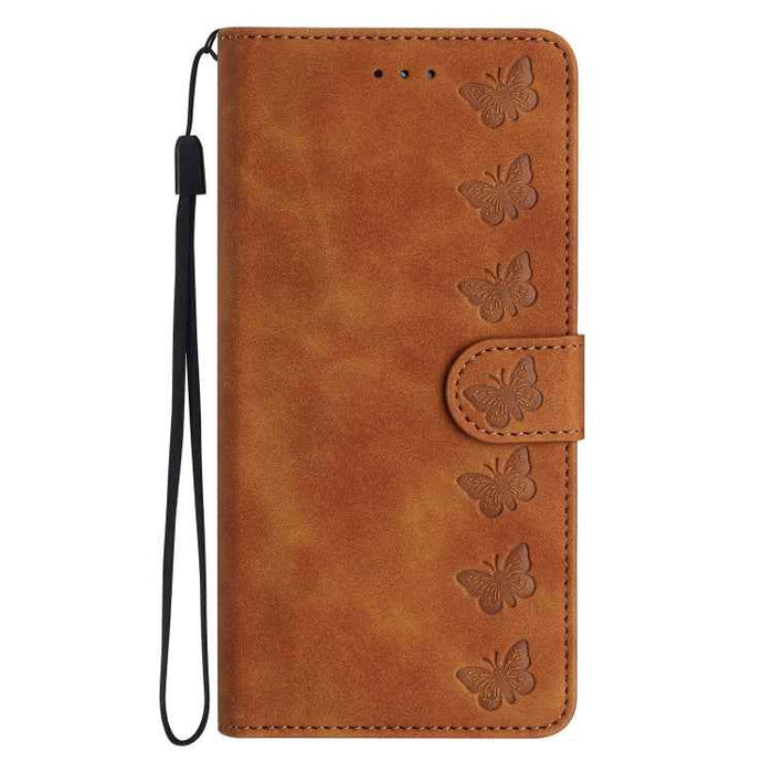 For iPhone 16 Plus Seven Butterflies Embossed Leather Phone Case(Brown)