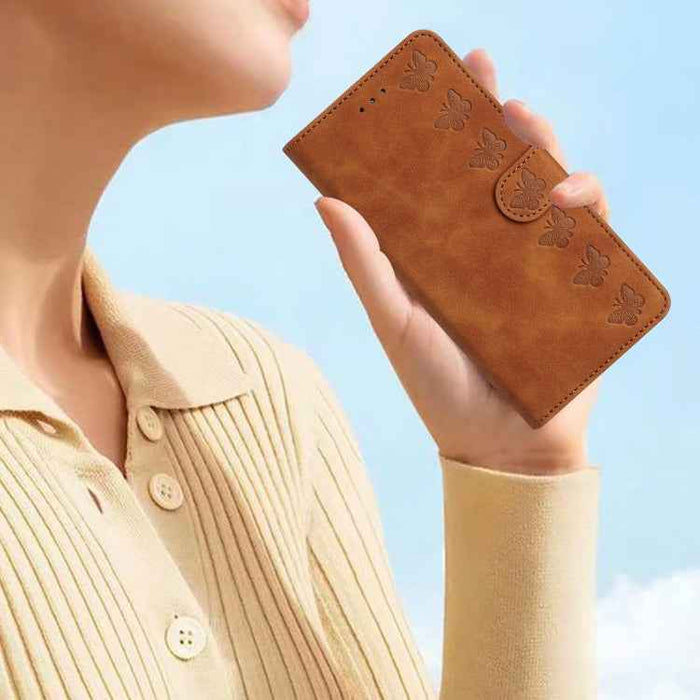For iPhone 16 Plus Seven Butterflies Embossed Leather Phone Case(Brown)