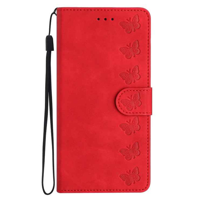 For iPhone 16 Plus Seven Butterflies Embossed Leather Phone Case(Red)