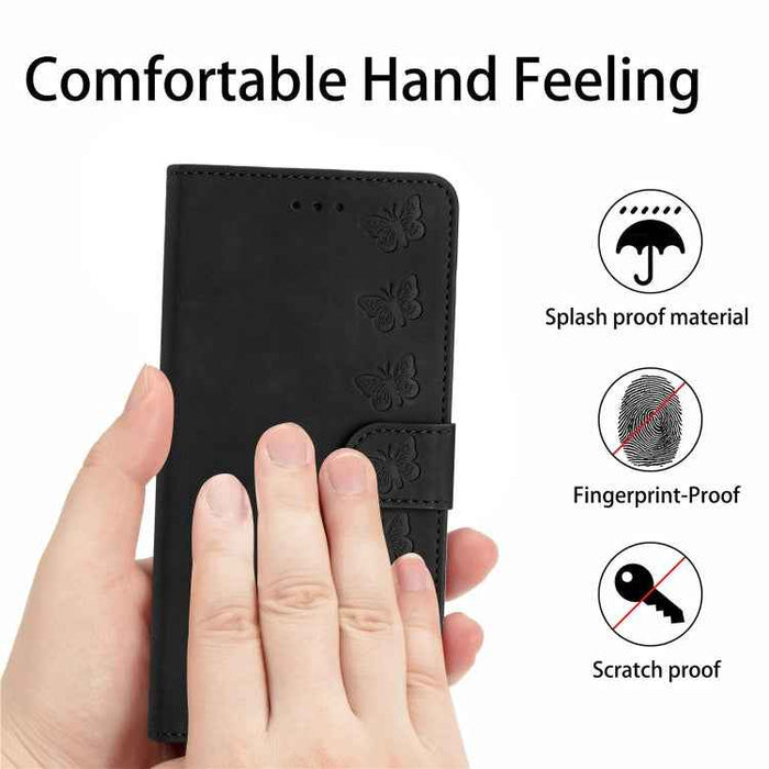 For iPhone 16 Plus Seven Butterflies Embossed Leather Phone Case(Black)