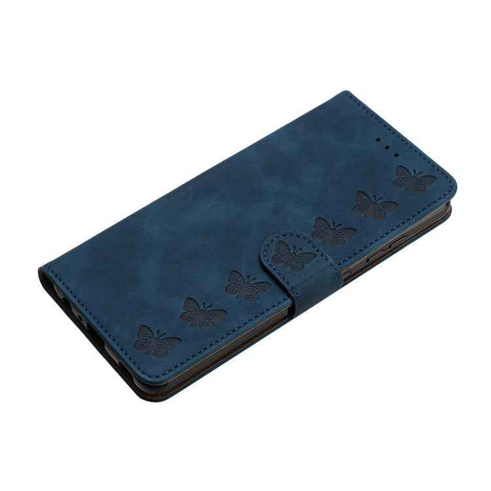 For iPhone 16 Plus Seven Butterflies Embossed Leather Phone Case(Blue)