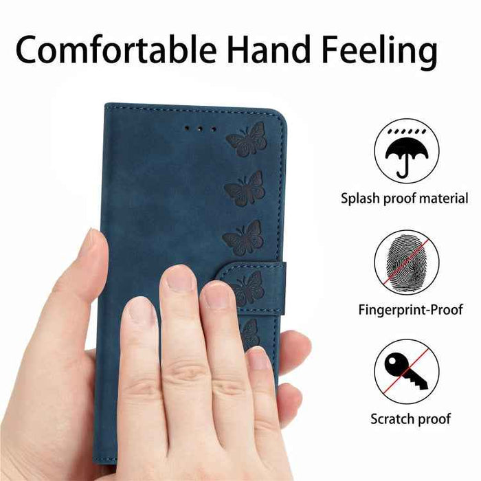 For iPhone 16 Plus Seven Butterflies Embossed Leather Phone Case(Blue)