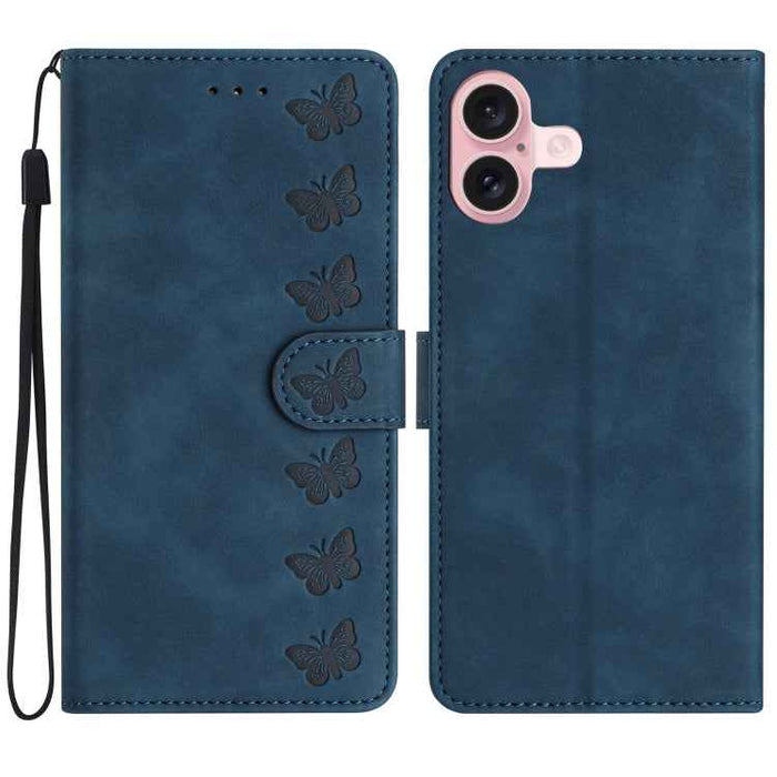 For iPhone 16 Plus Seven Butterflies Embossed Leather Phone Case(Blue)