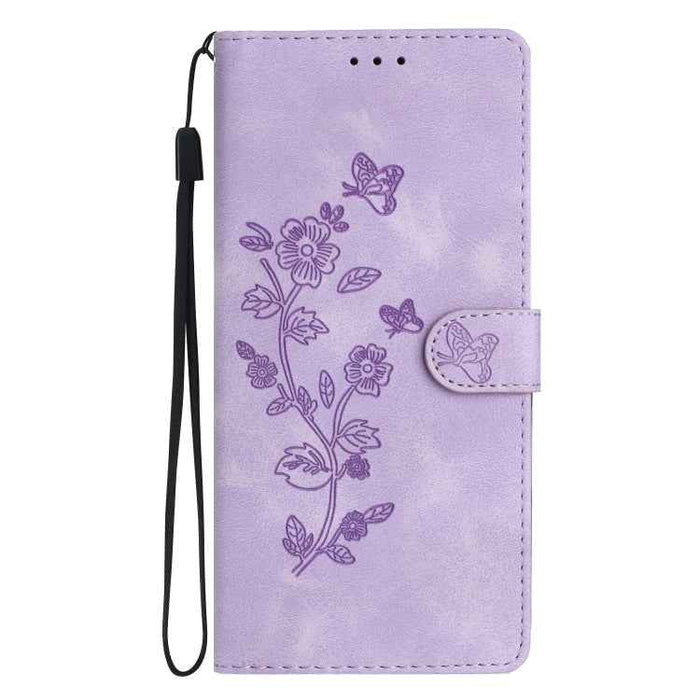 For iPhone 16 Flower Butterfly Embossing Pattern Leather Phone Case(Purple)