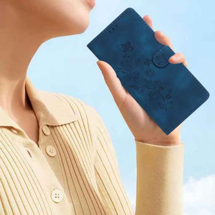 For iPhone 16 Plus Flower Butterfly Embossing Pattern Leather Phone Case(Blue)