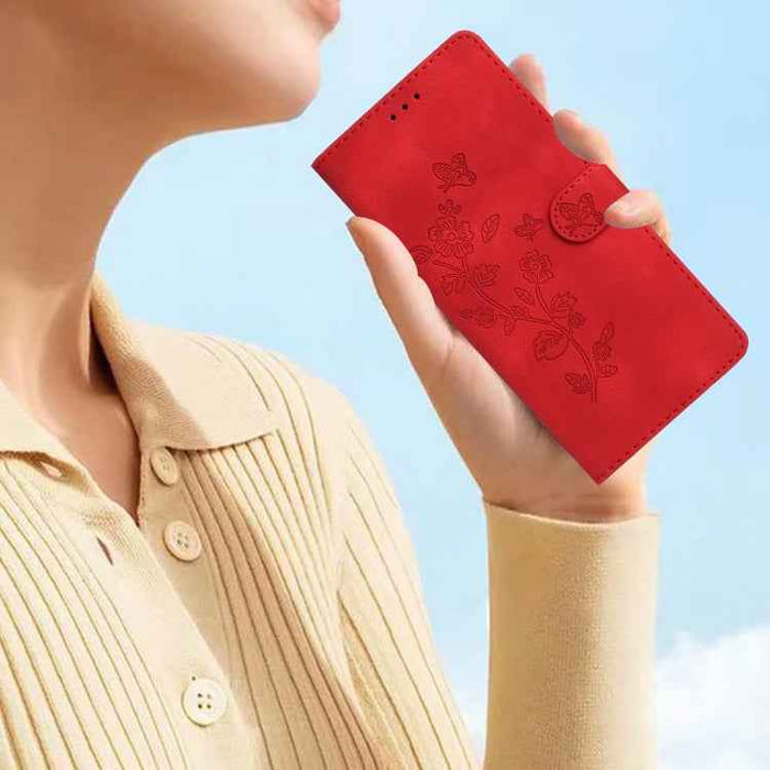 For iPhone 16 Plus Flower Butterfly Embossing Pattern Leather Phone Case(Red)