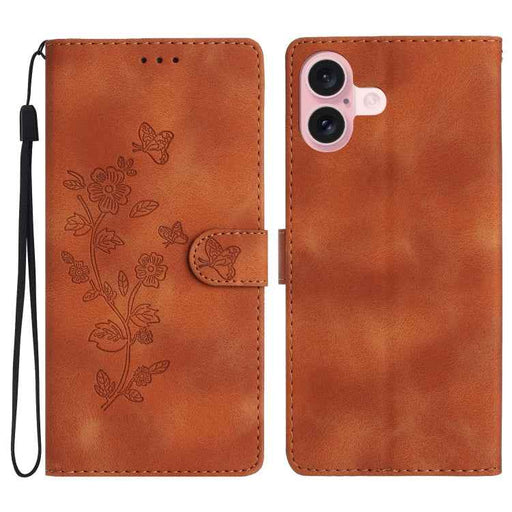 For iPhone 16 Plus Flower Butterfly Embossing Pattern Leather Phone Case(Brown)