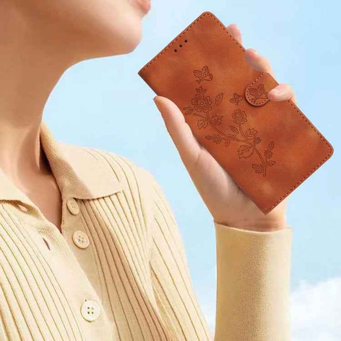 For iPhone 16 Plus Flower Butterfly Embossing Pattern Leather Phone Case(Brown)