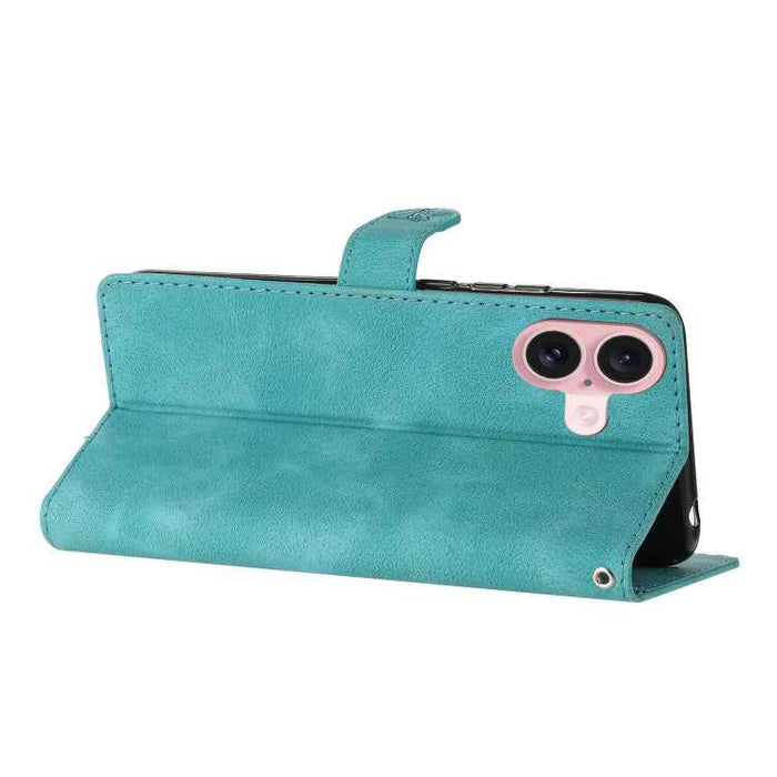 For iPhone 16 Plus Flower Butterfly Embossing Pattern Leather Phone Case(Sky Blue)