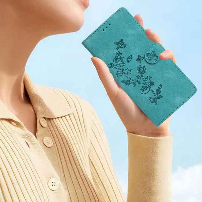 For iPhone 16 Plus Flower Butterfly Embossing Pattern Leather Phone Case(Sky Blue)