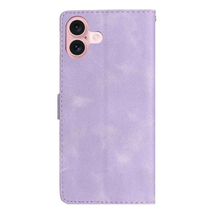 For iPhone 16 Plus Flower Butterfly Embossing Pattern Leather Phone Case(Purple)
