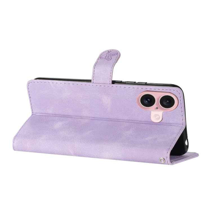 For iPhone 16 Plus Flower Butterfly Embossing Pattern Leather Phone Case(Purple)