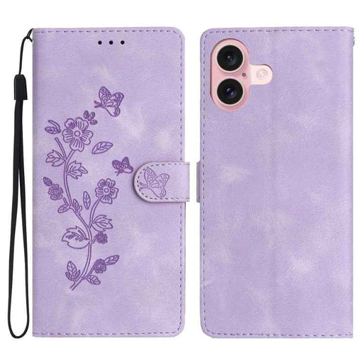 For iPhone 16 Plus Flower Butterfly Embossing Pattern Leather Phone Case(Purple)
