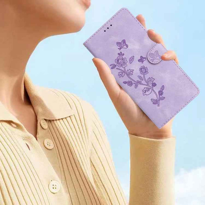 For iPhone 16 Plus Flower Butterfly Embossing Pattern Leather Phone Case(Purple)