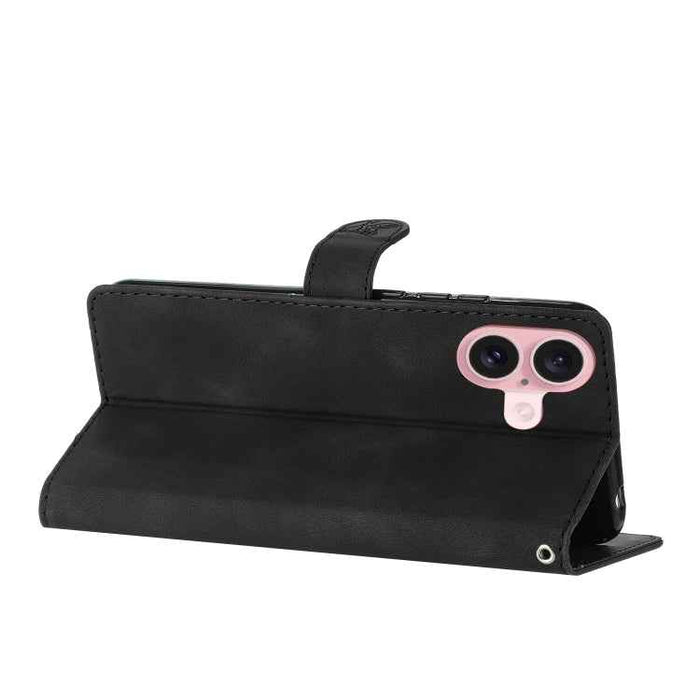 For iPhone 16 Plus Flower Butterfly Embossing Pattern Leather Phone Case(Black)